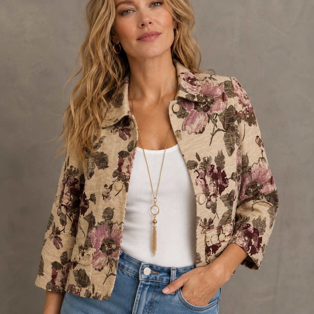 L 119 Sag Harbor 14 Floral Tapestry Jacquard Jacket Cottagecore Romantic Blazer